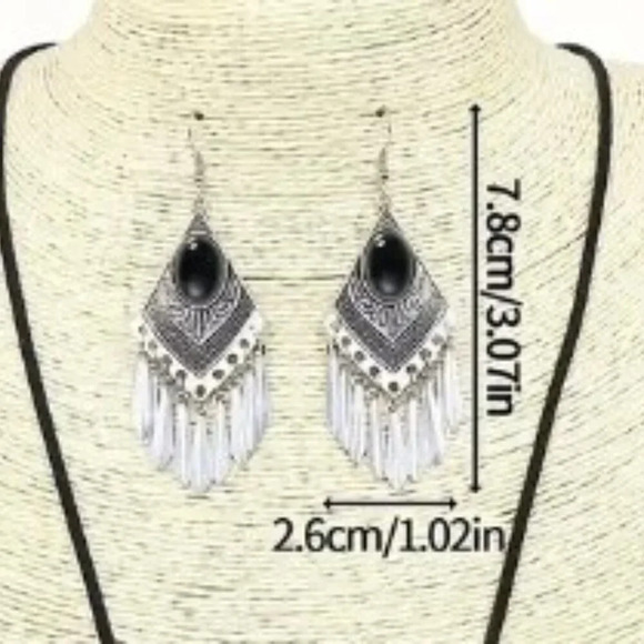 Antique Silver Rhinestone Inlaid Black Turquoise Tassel Earrings, Double-layer P - Picture 6 of 10